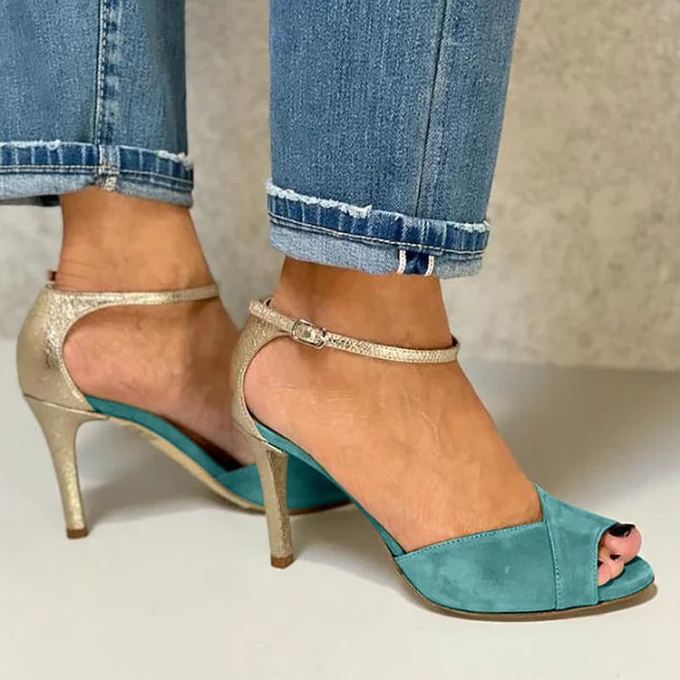 LIV | BLIZGANTYS PEEP-TOE Z WYSOKIM OBCASIEM, PASEK I ZAPIĘCIE