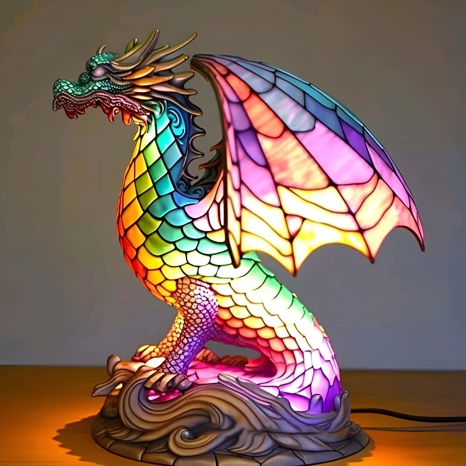 Gribouille – Lampe dragon magique en verre coloré