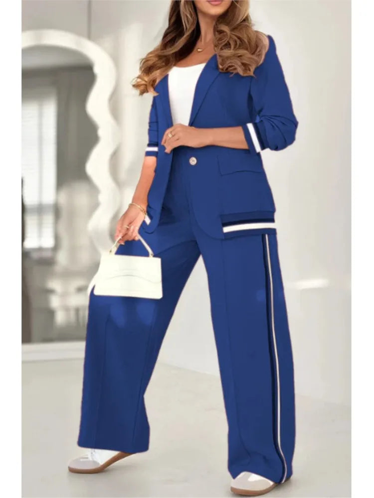 Fashion Solid Color Ribbed Temperament Commuting Trousers Set Women's Elegant Single-button Lapel Top Wide-leg Trousers Sets