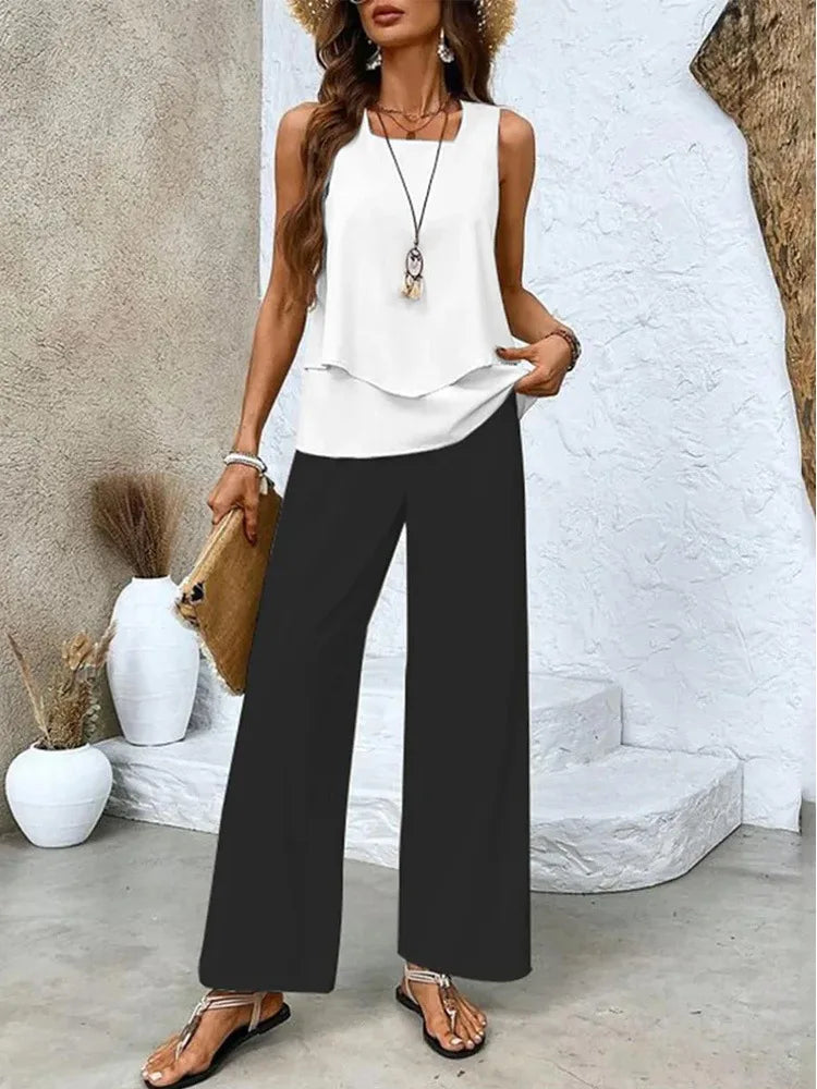 Analy - Ensemble Haut Sans Manches Et Pantalons À Jambes Larges