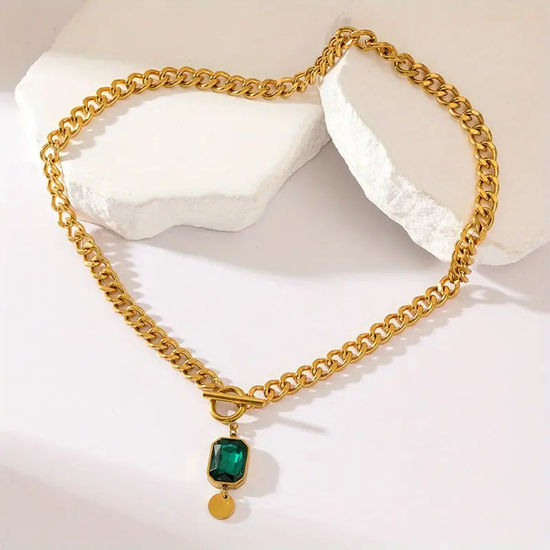 Collier Pendentif Émeraude Chaîne Chunky | Or