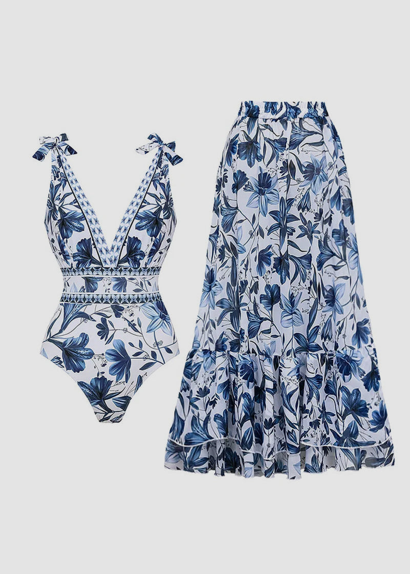 Marina | Maillot de bain floral deux pièces et jupe de couverture