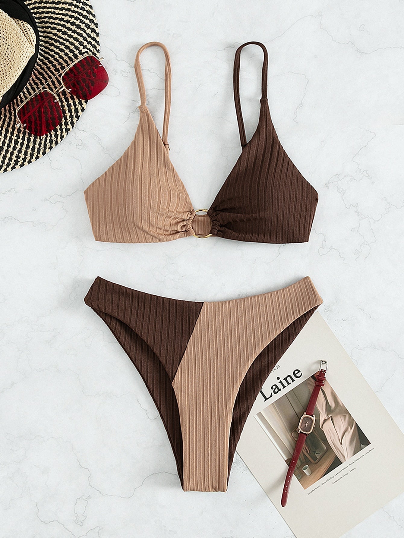 Natalie | Bikini à Jambes Hautes Bicolore Côtelé