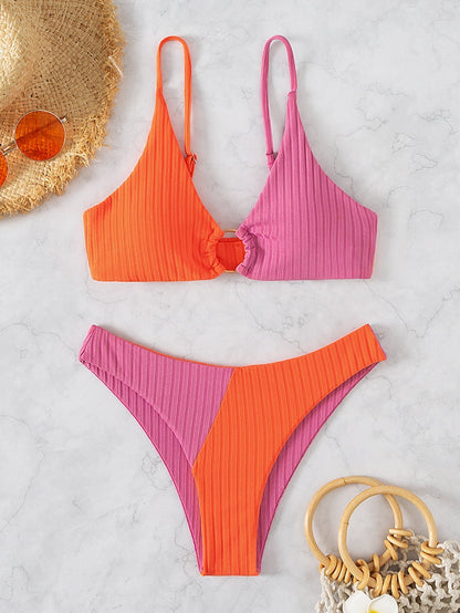 Natalie | Bikini à Jambes Hautes Bicolore Côtelé