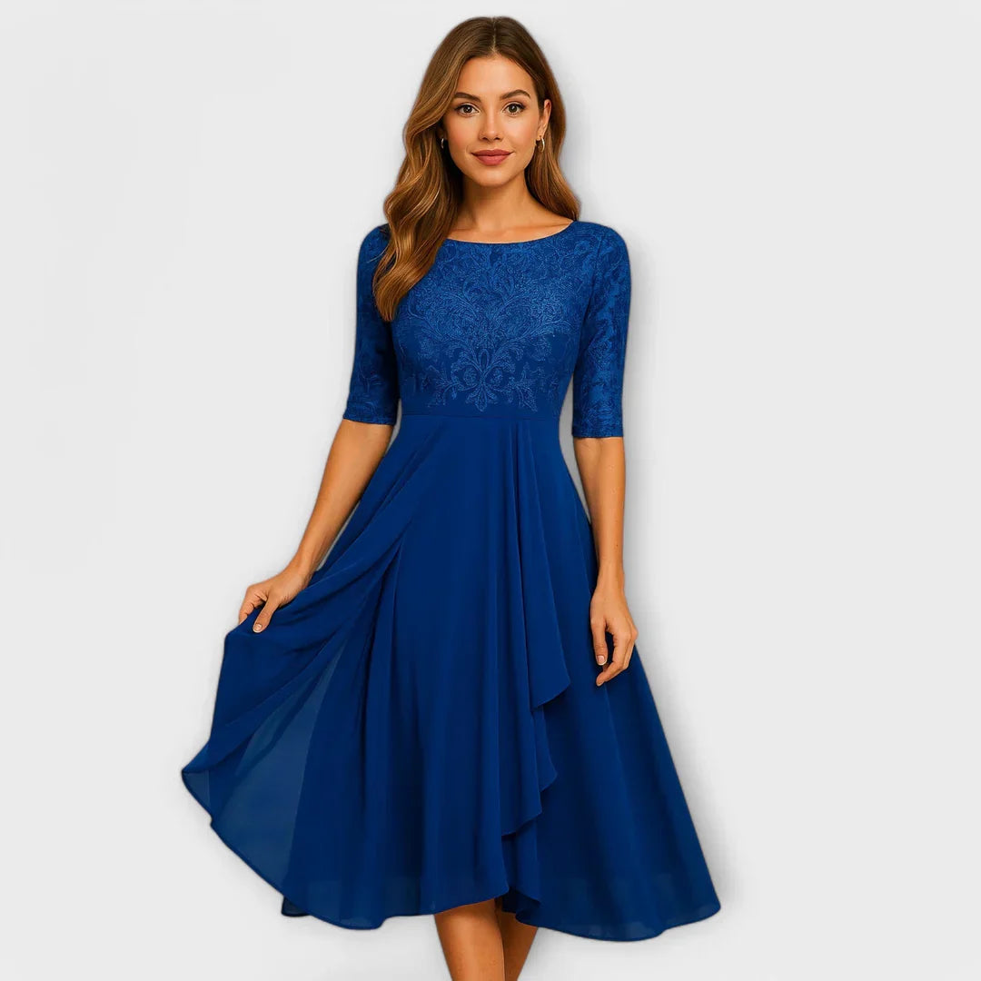Jacinthe – Robe midi élégante à manches en dentelle