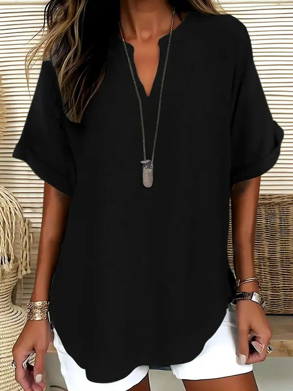 SEREIA™ - Blouse Décontractée Unie à Manches Courtes