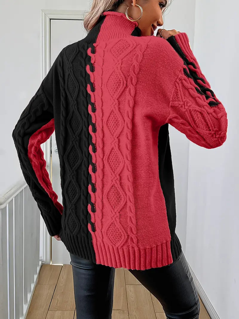 LEOVIA | Elegancki Sweter w Paski z Wysokim Kołnierzem