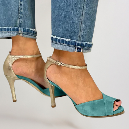 LIV | BLIZGANTYS PEEP-TOE Z WYSOKIM OBCASIEM, PASEK I ZAPIĘCIE