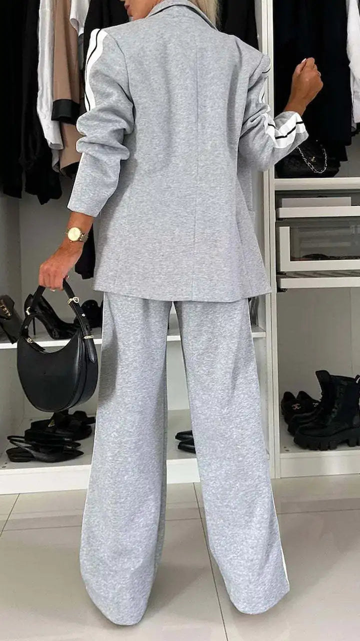 Casual Pants Sets Women Loose Laple Patchwork Long Sleeve Coats Straight Pants Female Suits 2024 Autumn Winter Lady Outerwears