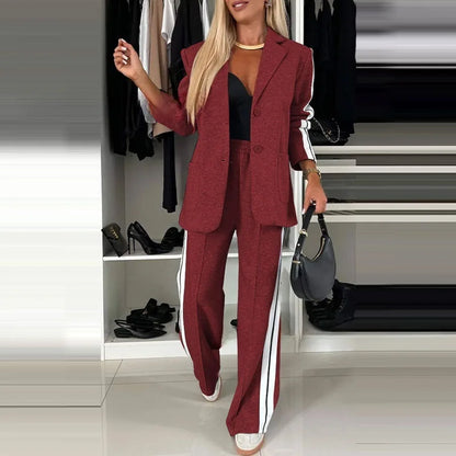 Casual Pants Sets Women Loose Laple Patchwork Long Sleeve Coats Straight Pants Female Suits 2024 Autumn Winter Lady Outerwears