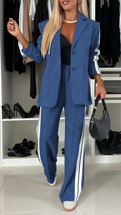 Casual Pants Sets Women Loose Laple Patchwork Long Sleeve Coats Straight Pants Female Suits 2024 Autumn Winter Lady Outerwears