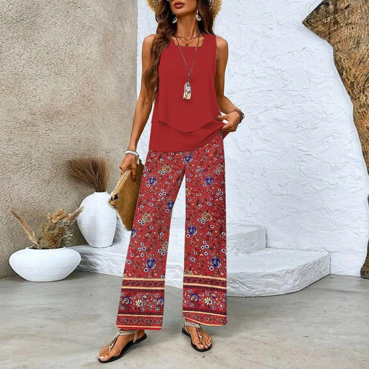 Analy - Ensemble Haut Sans Manches Et Pantalons À Jambes Larges