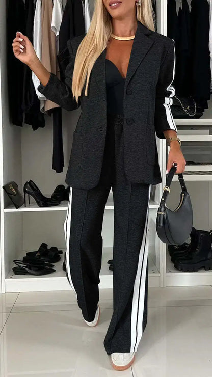 Casual Pants Sets Women Loose Laple Patchwork Long Sleeve Coats Straight Pants Female Suits 2024 Autumn Winter Lady Outerwears