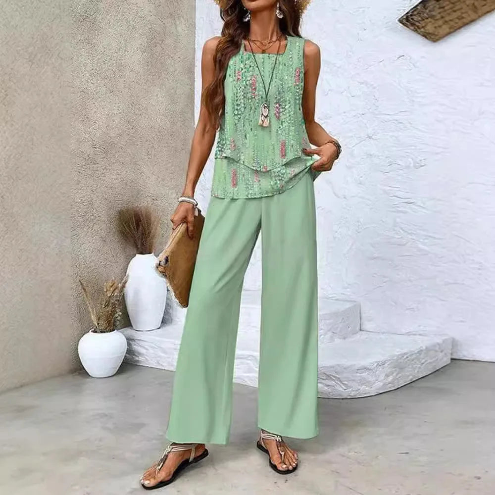 Analy - Ensemble Haut Sans Manches Et Pantalons À Jambes Larges