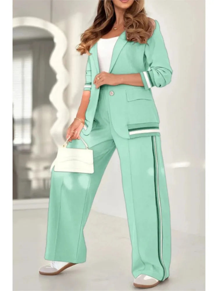 Fashion Solid Color Ribbed Temperament Commuting Trousers Set Women's Elegant Single-button Lapel Top Wide-leg Trousers Sets