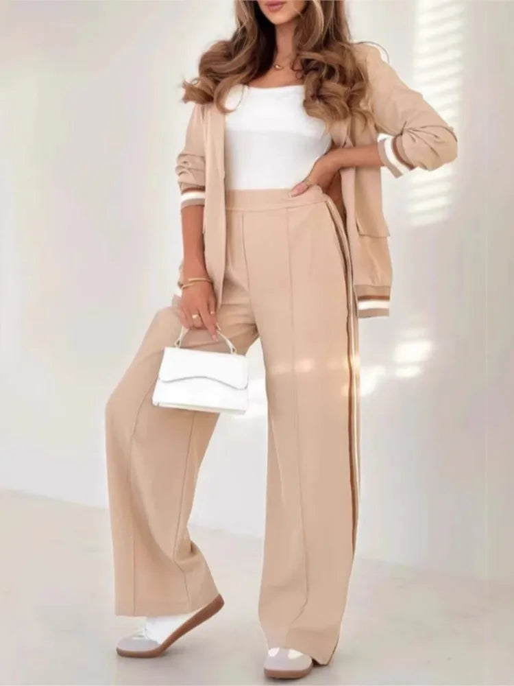Fashion Solid Color Ribbed Temperament Commuting Trousers Set Women's Elegant Single-button Lapel Top Wide-leg Trousers Sets
