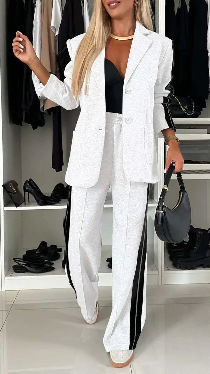 Casual Pants Sets Women Loose Laple Patchwork Long Sleeve Coats Straight Pants Female Suits 2024 Autumn Winter Lady Outerwears