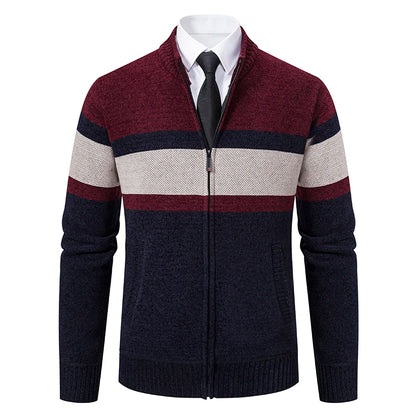 Men's New Winter Sweater Thick Fleece Warm Sweater Casual Stand Collar Zipper Cardigan Fashion Striped Coat