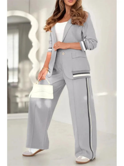 Fashion Solid Color Ribbed Temperament Commuting Trousers Set Women's Elegant Single-button Lapel Top Wide-leg Trousers Sets