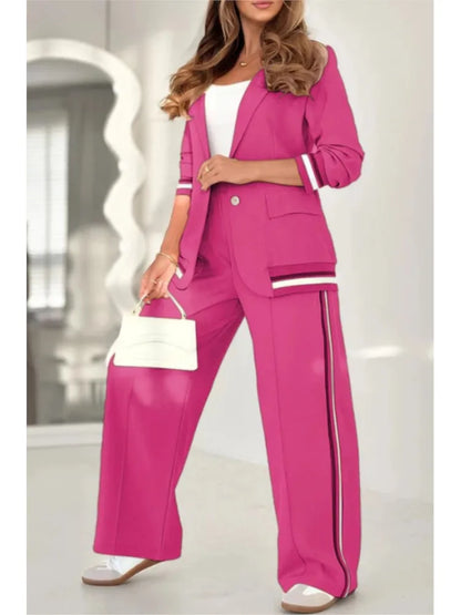 Fashion Solid Color Ribbed Temperament Commuting Trousers Set Women's Elegant Single-button Lapel Top Wide-leg Trousers Sets