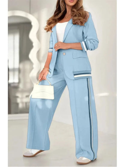Fashion Solid Color Ribbed Temperament Commuting Trousers Set Women's Elegant Single-button Lapel Top Wide-leg Trousers Sets