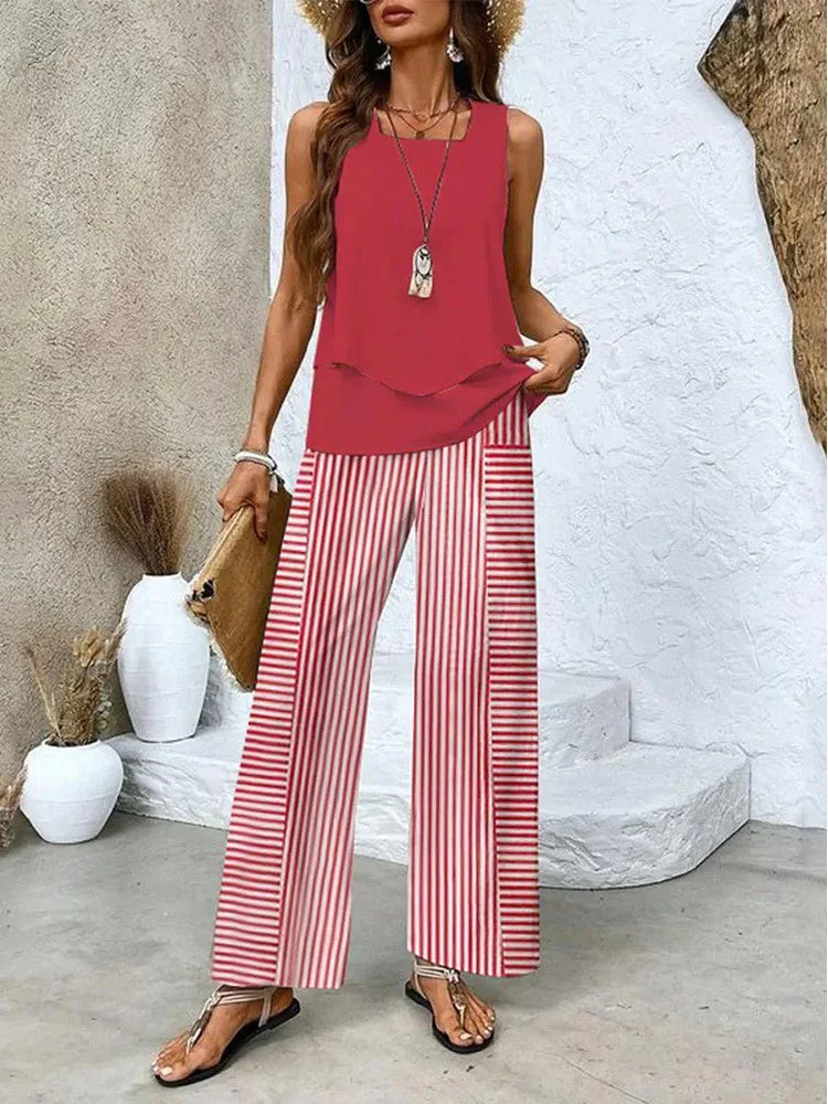 Analy - Ensemble Haut Sans Manches Et Pantalons À Jambes Larges