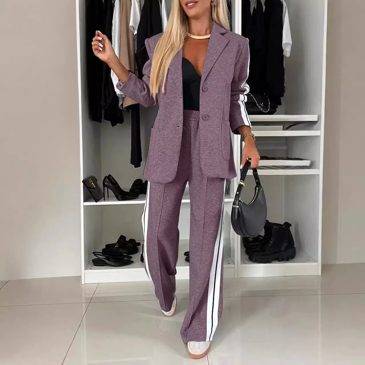 Casual Pants Sets Women Loose Laple Patchwork Long Sleeve Coats Straight Pants Female Suits 2024 Autumn Winter Lady Outerwears