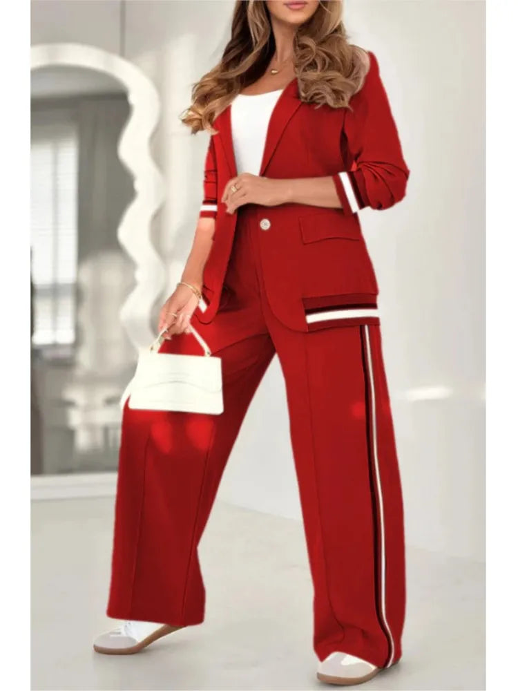 Fashion Solid Color Ribbed Temperament Commuting Trousers Set Women's Elegant Single-button Lapel Top Wide-leg Trousers Sets