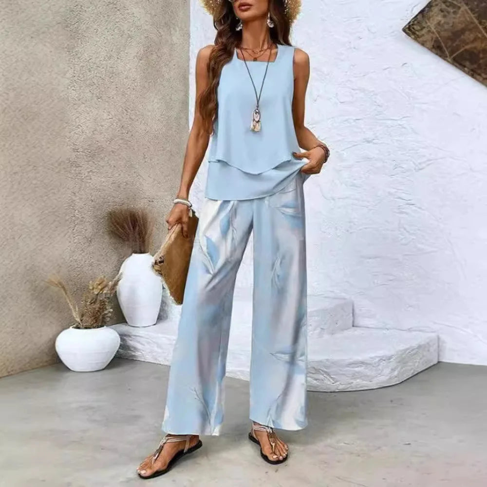 Analy - Ensemble Haut Sans Manches Et Pantalons À Jambes Larges