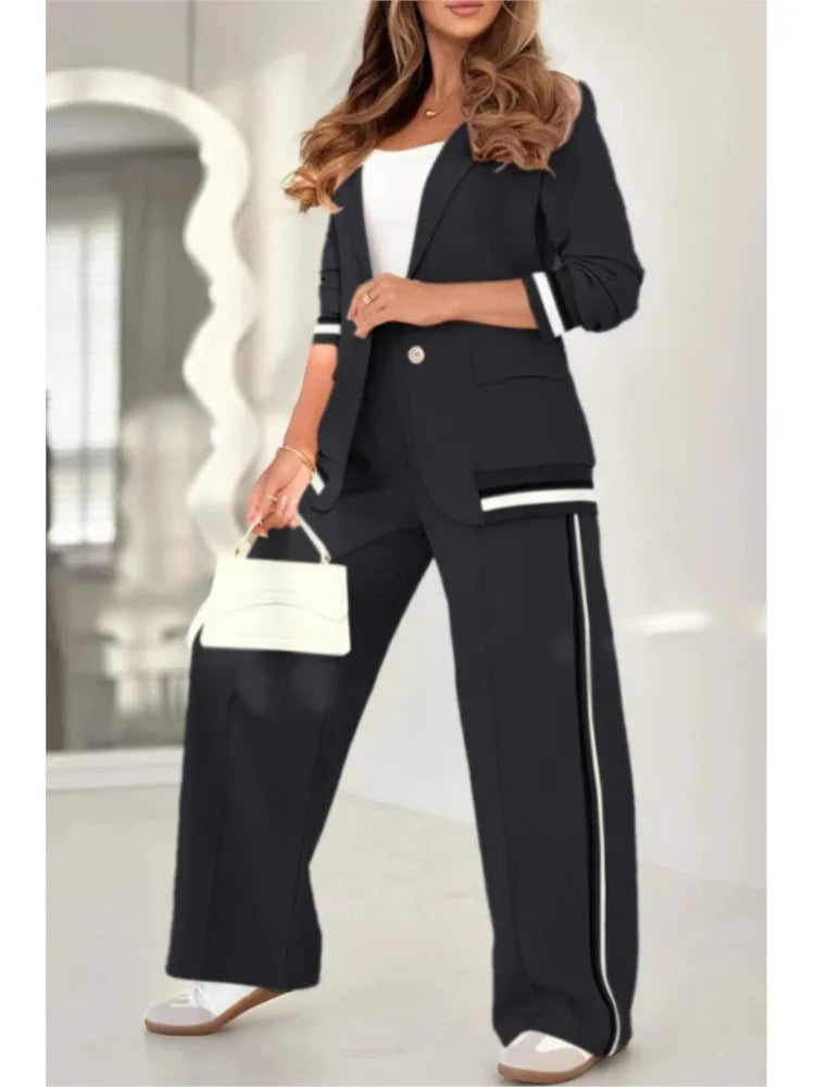 Fashion Solid Color Ribbed Temperament Commuting Trousers Set Women's Elegant Single-button Lapel Top Wide-leg Trousers Sets