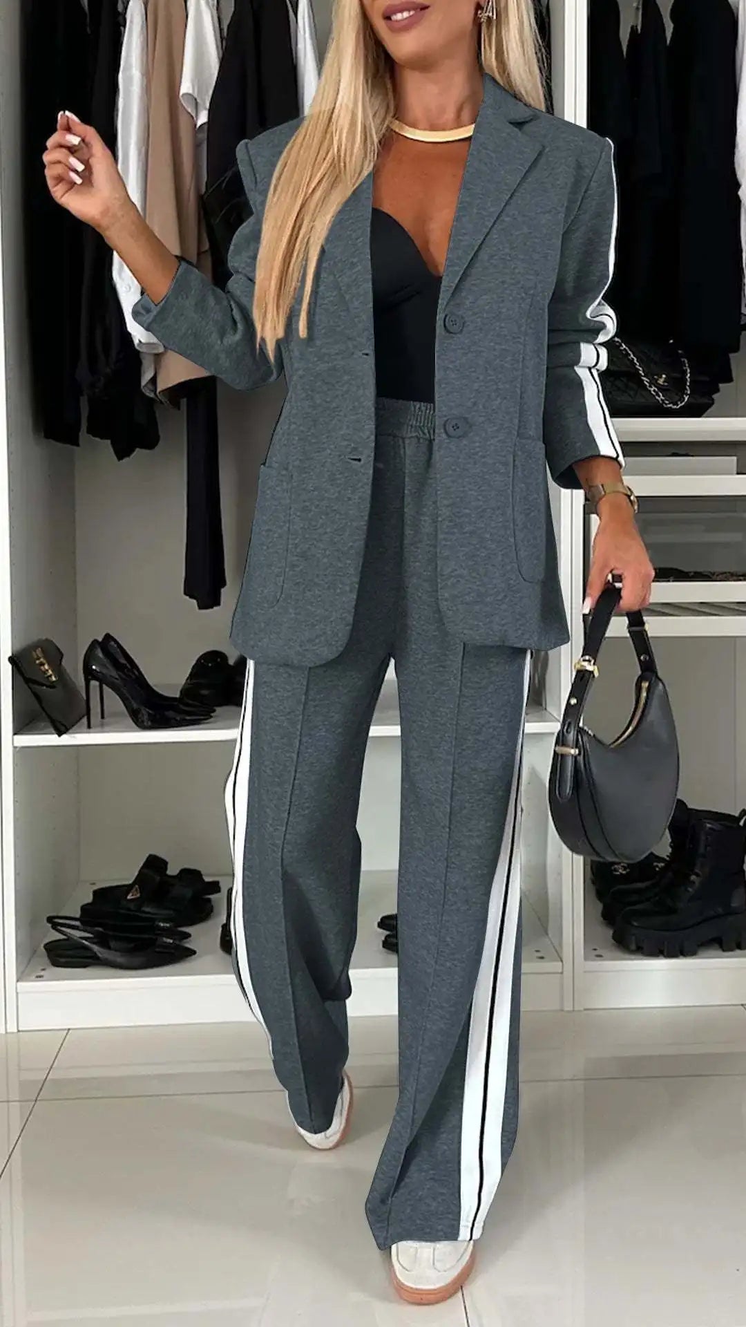 Casual Pants Sets Women Loose Laple Patchwork Long Sleeve Coats Straight Pants Female Suits 2024 Autumn Winter Lady Outerwears