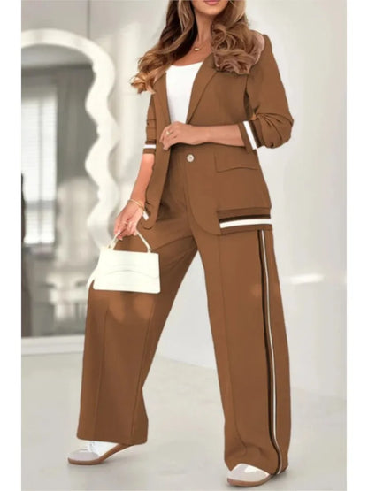 Fashion Solid Color Ribbed Temperament Commuting Trousers Set Women's Elegant Single-button Lapel Top Wide-leg Trousers Sets