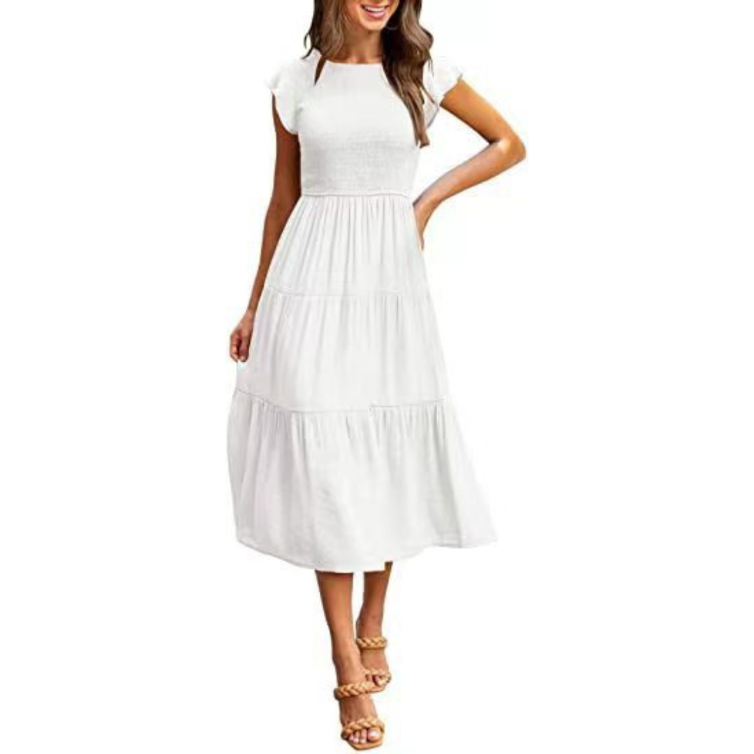 KRISELLE™ - Robe Midi Fumée à Manches Volantes Élégantes