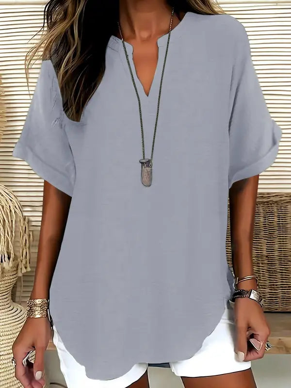 SEREIA™ - Blouse Décontractée Unie à Manches Courtes