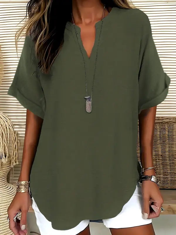 SEREIA™ - Blouse Décontractée Unie à Manches Courtes