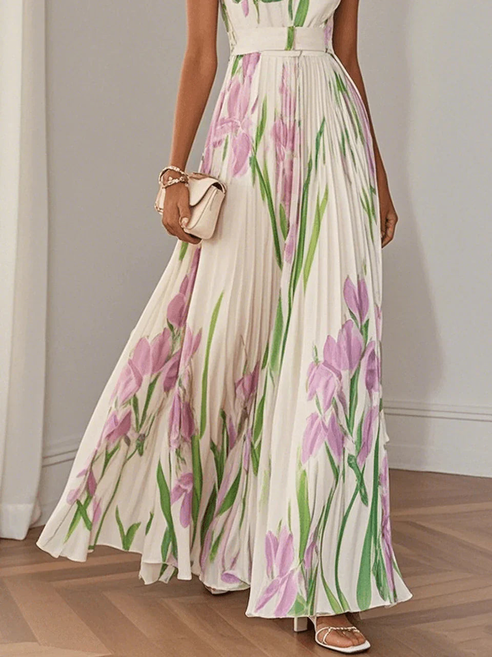 Clémentine - Robe longue plissée fleurie
